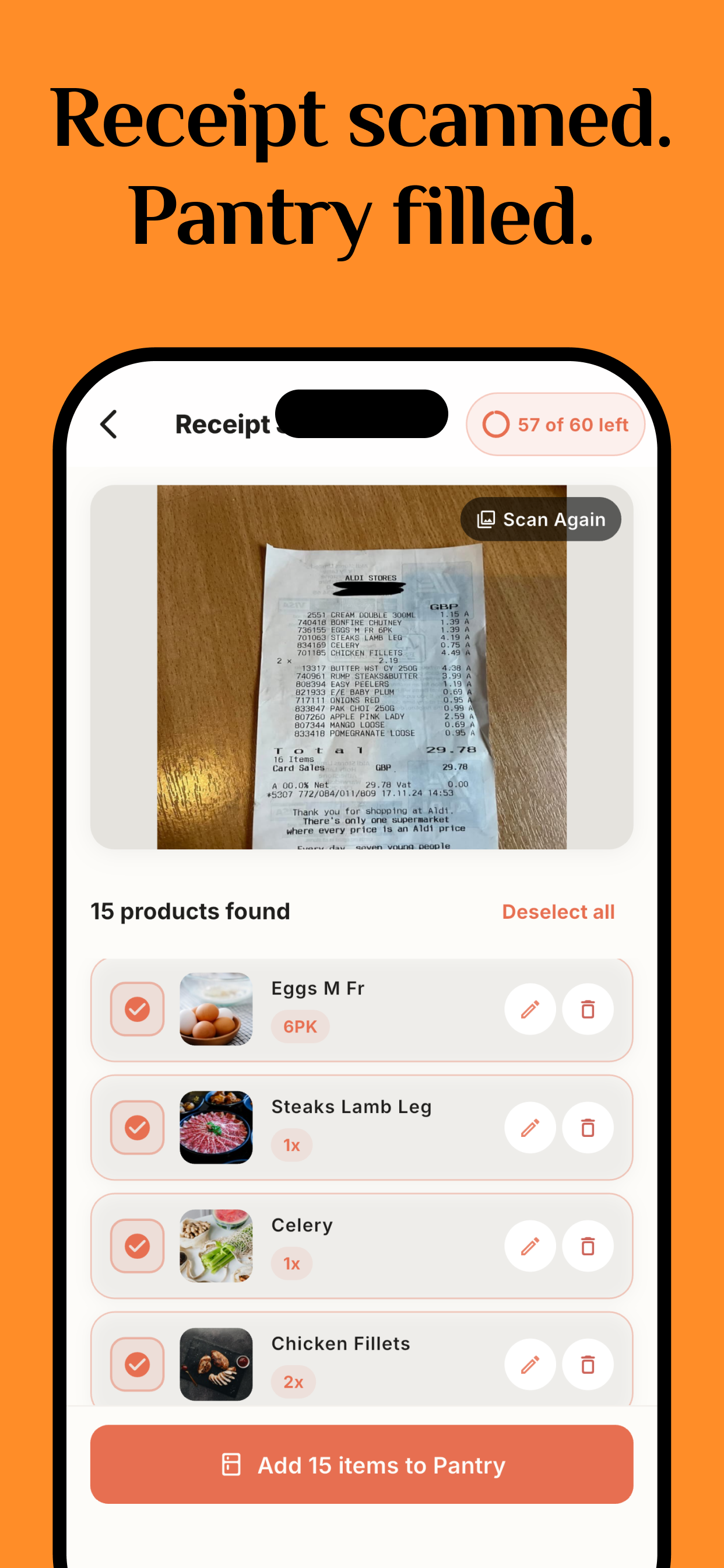 Receipt scanner - 15 products added to pantry