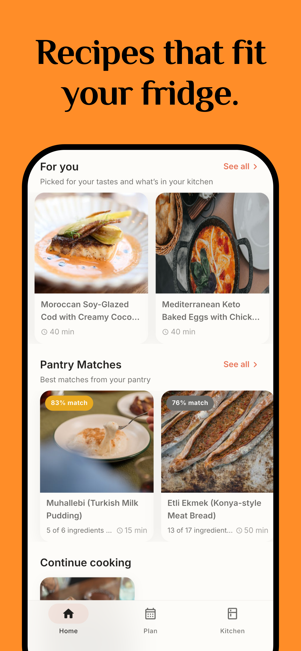Nevyron Cook home - personalised recipe feed and pantry matches