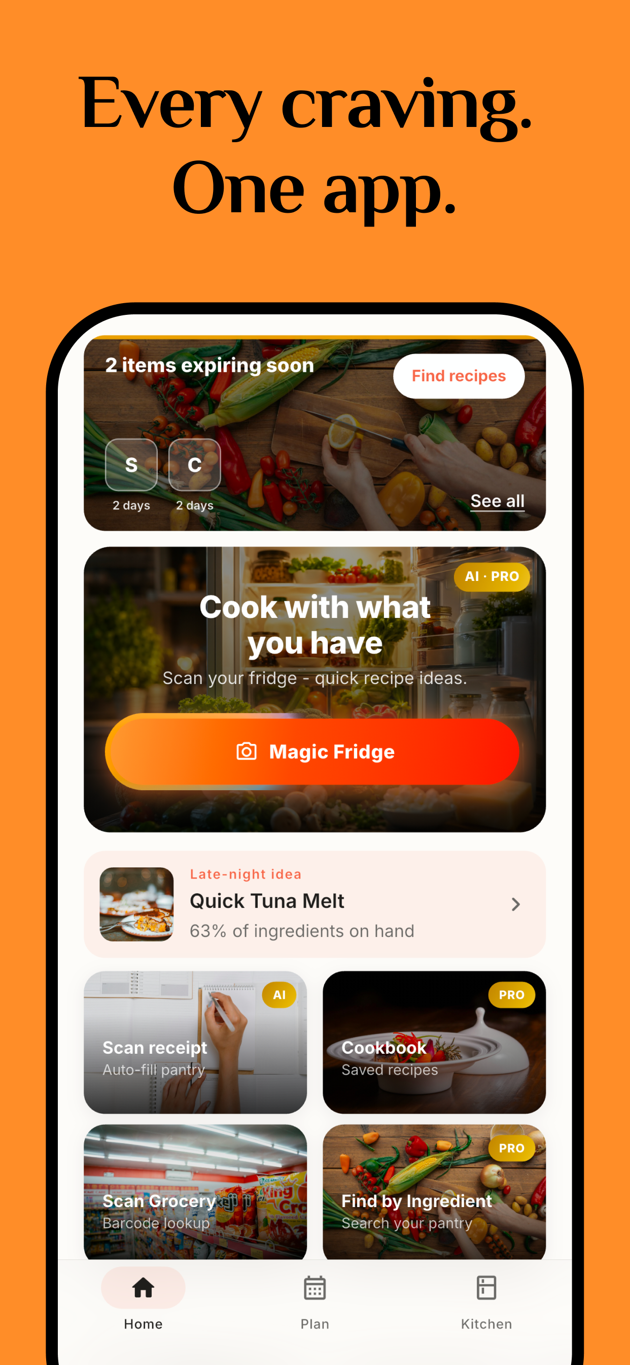Nevyron Cook home screen - Magic Fridge, Meal Planner, Scan Receipt